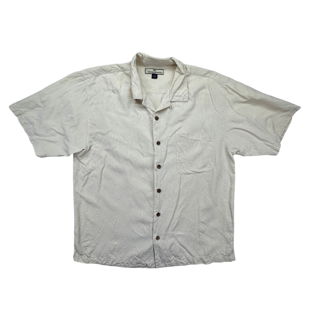 Tommy Bahama Shirt Mens Large Silk Palm Tree Hawaiian Button Up Camp Beige